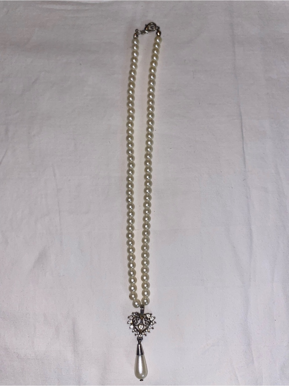 Ivory Pearl Necklace with Silver Filigree Heart and Teardrop Pendant